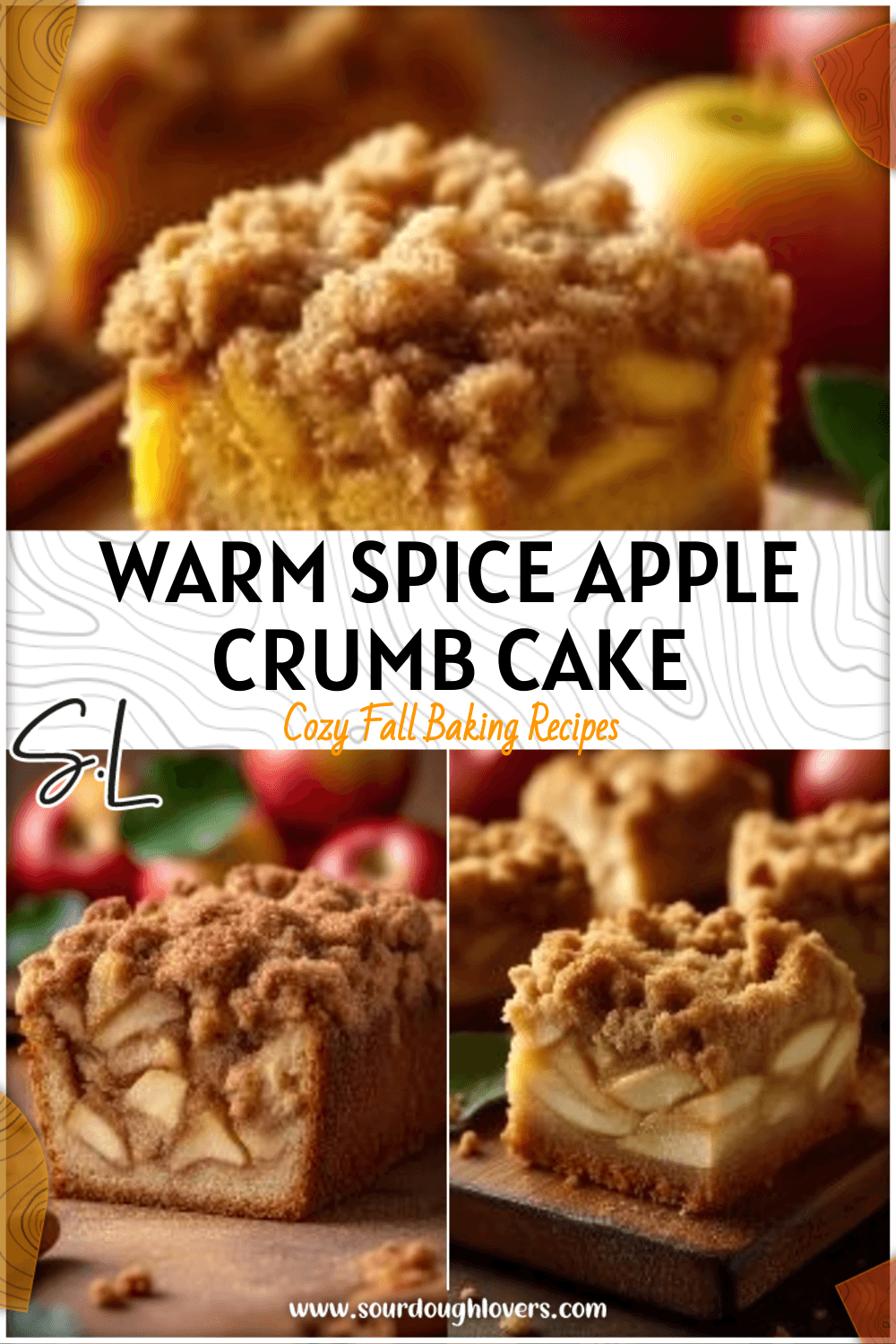 Moist spice crumb cake with apple layers and crunchy streusel topping on a rustic fall table.